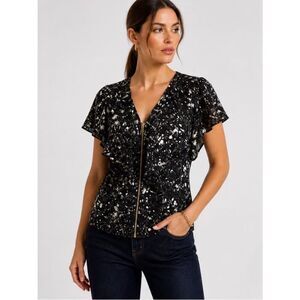 Tory Burch Rebecca Paint Splatter Front Zipper Closure Silk Ruffle Blouse